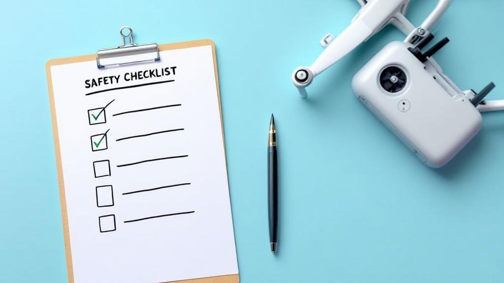 Eine Checkliste mit Haken und einem Stift, daneben eine Drohne und eine Drohnenfernbedienung. Der Fokus liegt auf Sicherheit und Vorbereitung.