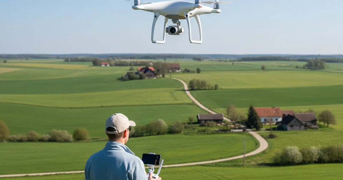 Drohne im Flug über einer offenen ländlichen Landschaft, klarer Himmel, weite Felder, kein Text