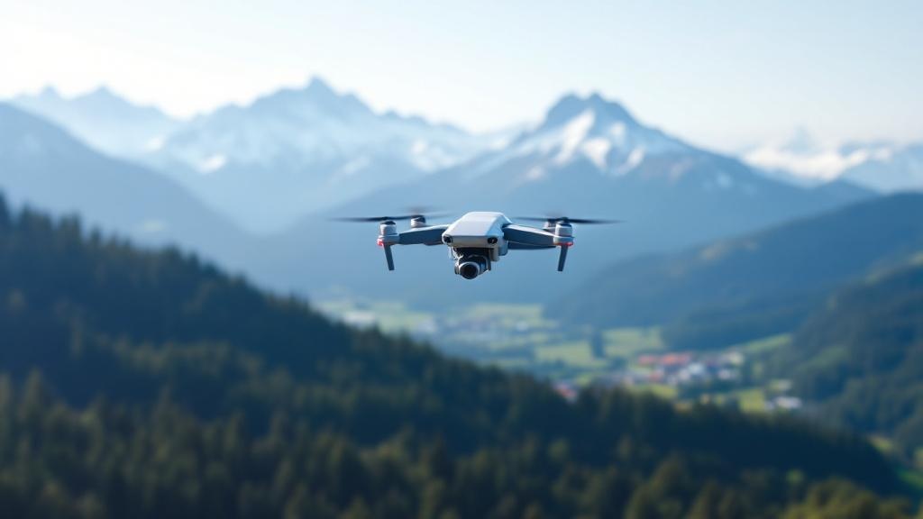 Drohne fliegt sicher über einer Landschaft mit Bergblick