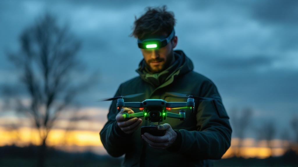 Pilot startet Drohne mit leuchtenden Lichtern in der Dämmerung