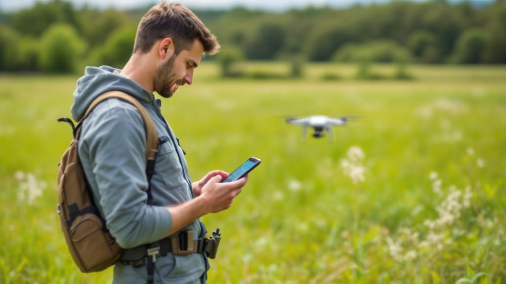 Drohne mit Pilot, der eine App zur Flugplanung auf dem Smartphone prüft