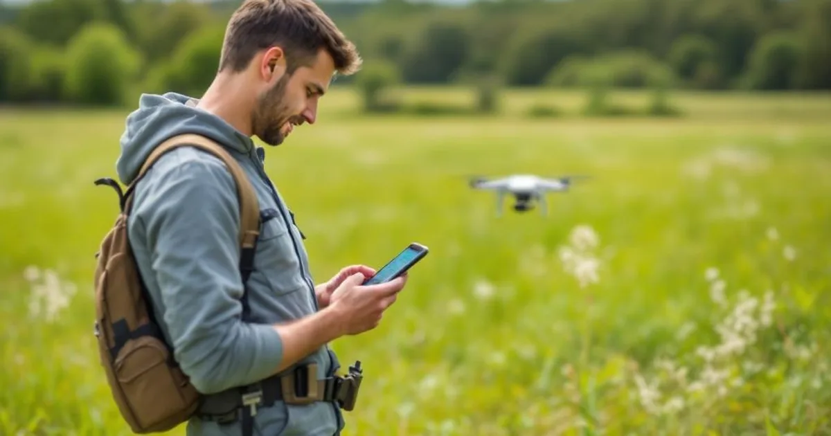 Drohne mit Pilot, der eine App zur Flugplanung auf dem Smartphone prüft
